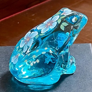Fenton Glass Turquoise Blue Hand Painted Frog Figurine Paperweight; Vintage Fenton Glass Frog