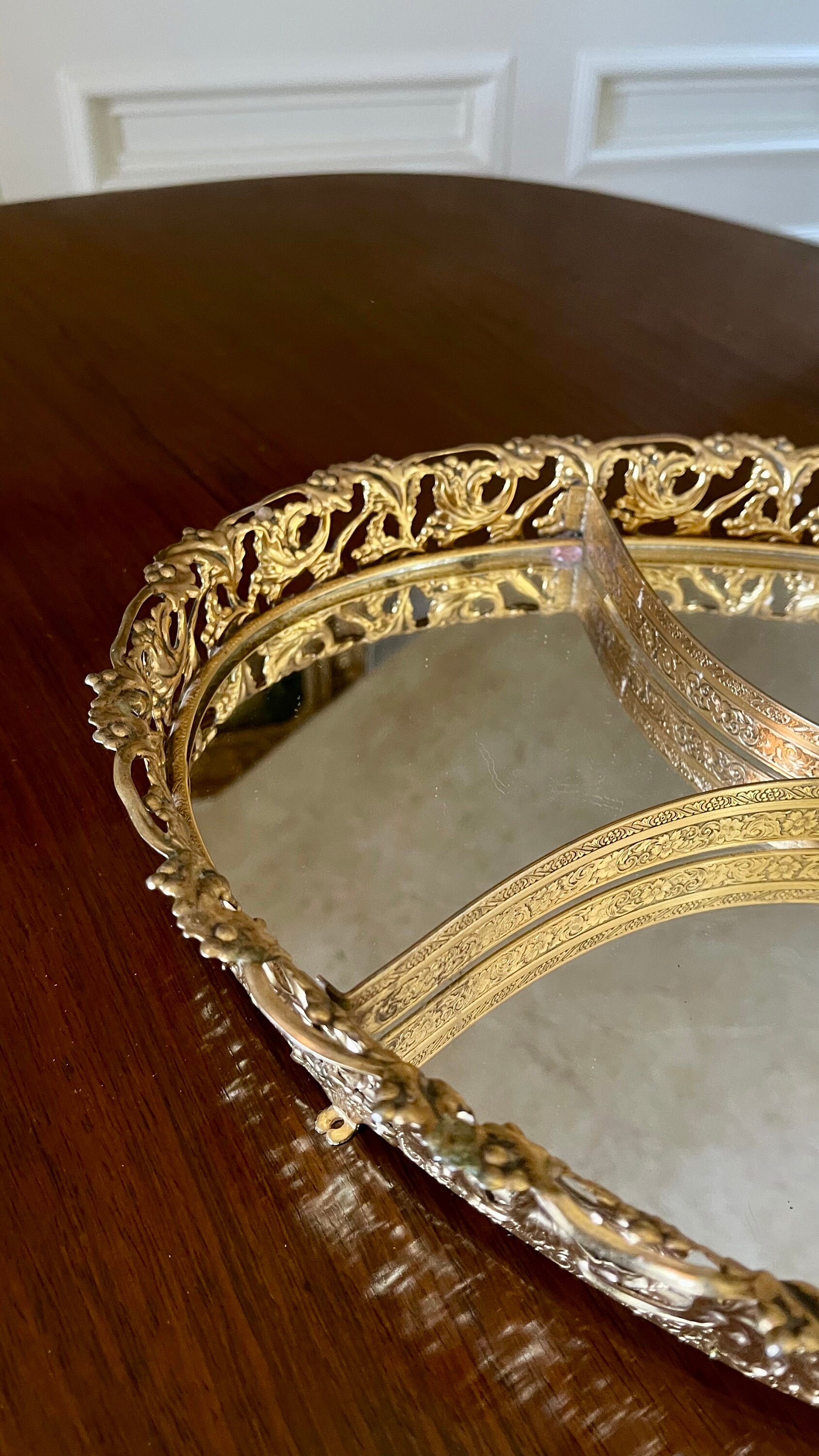 Vintage Brass Ormolu 17” Mirrored Dresser Tray; Hollywood Regency Brass