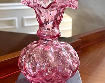 Vintage Fenton Satin Custard Glass Vase Crimped Rim Hand