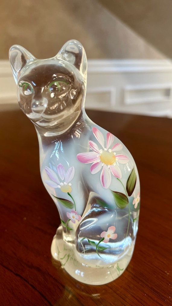 Fenton French Opalescent Glass Tall Hand Painted Cat; Paperweight