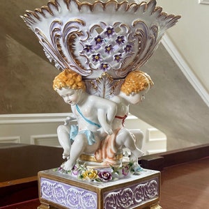 Large Dresden Style Cherubs Hand Painted Porcelain Centerpiece; Marked Richard Klemm Dresden Germany