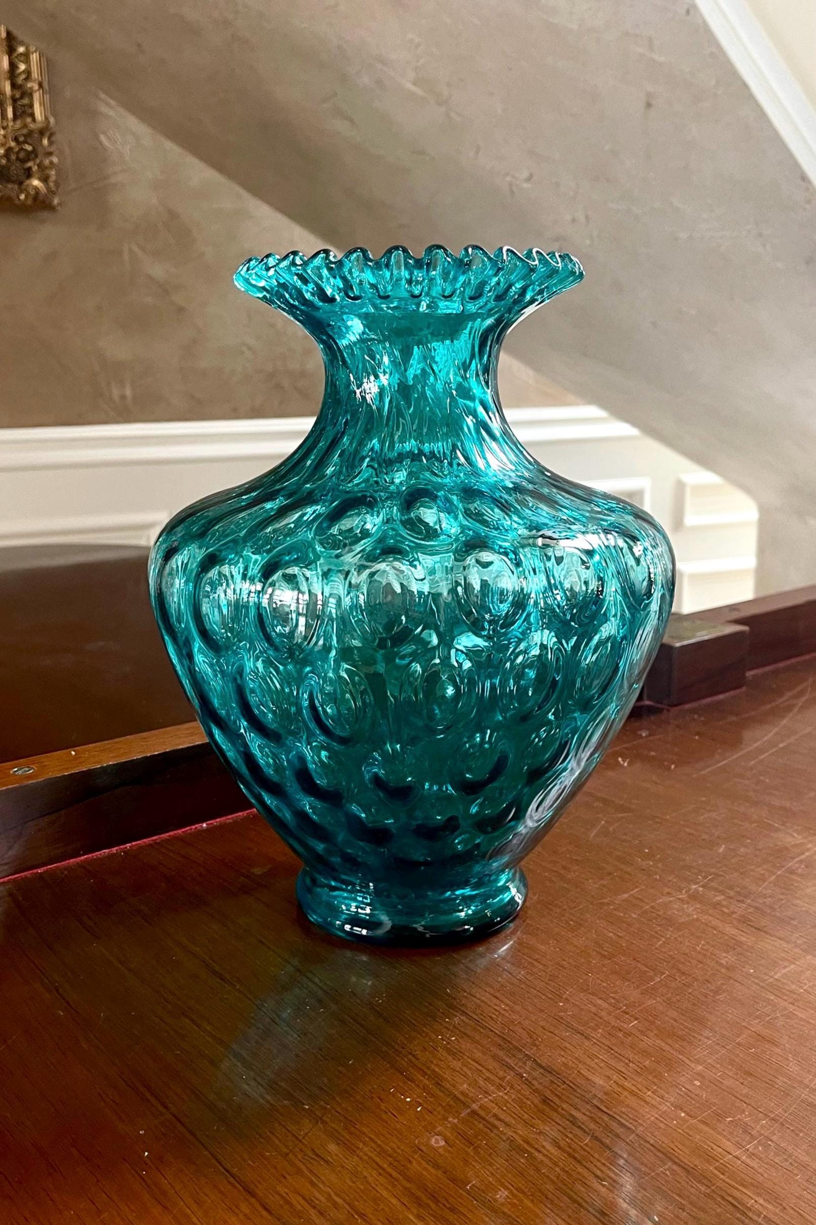 Outstanding Fenton Glass 11” Coin Dot Optic Teal Royale Vase