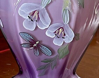 Outstanding Fenton Purple Cased Glass 10.5” Hand Painted Dragonfly