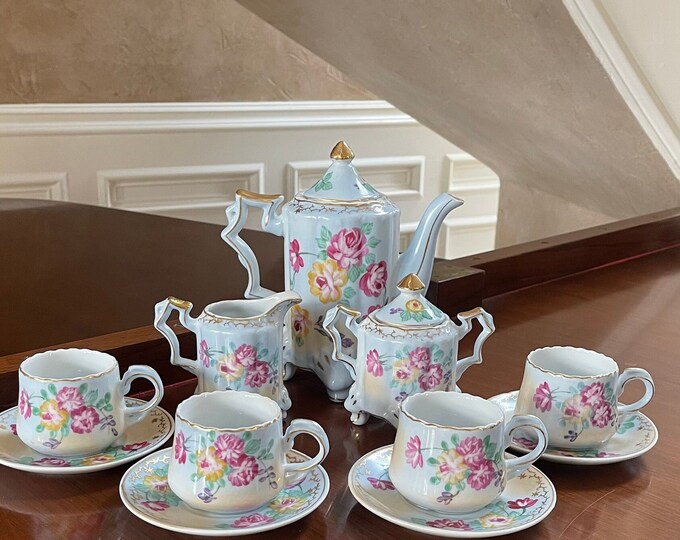 11 Pc. Set Antique Reproduction Victorian Style Porcelain Tea Set