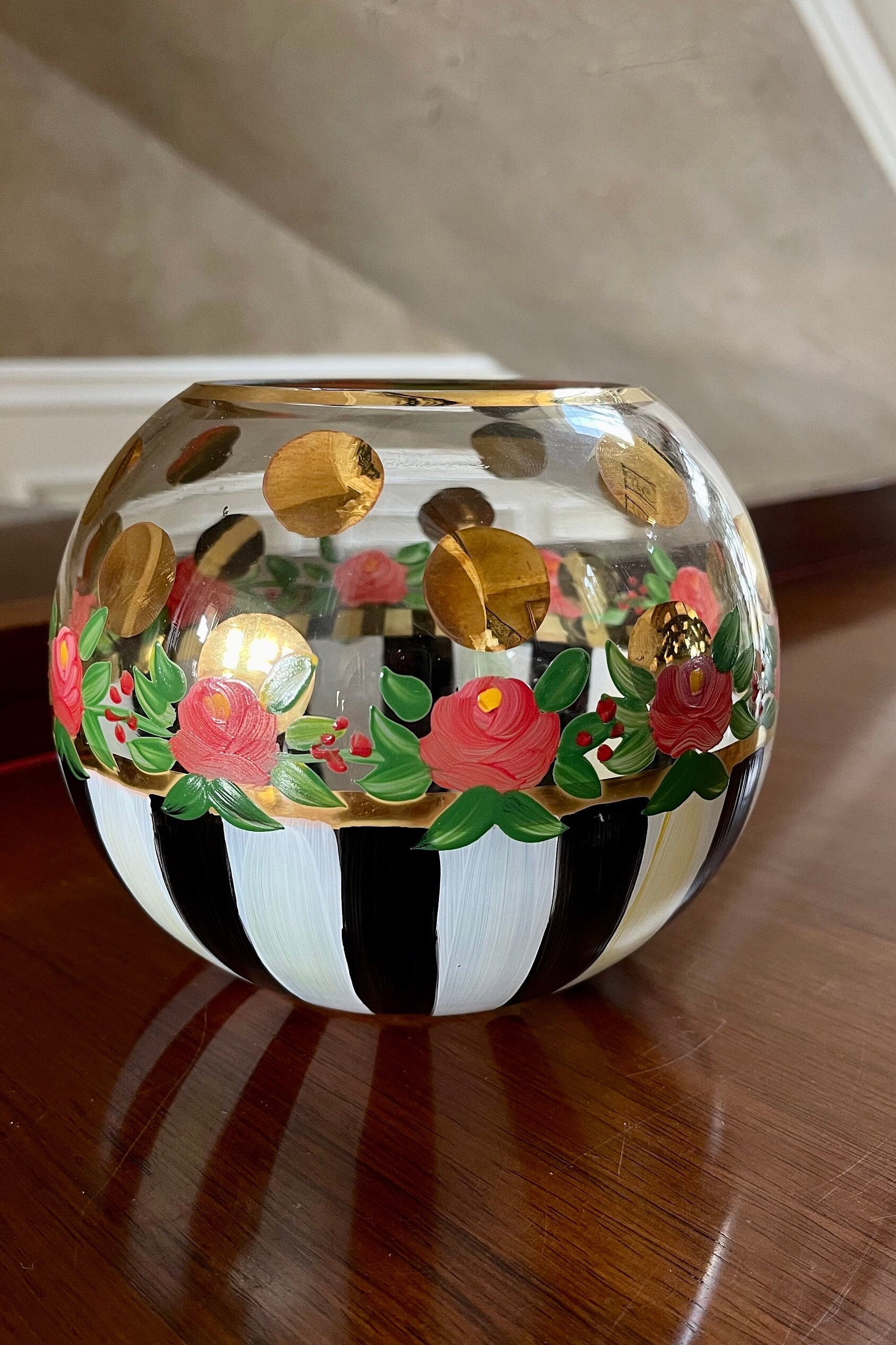 Mackenzie Childs Courtly Check Glass Rose Bowl Flower Vase