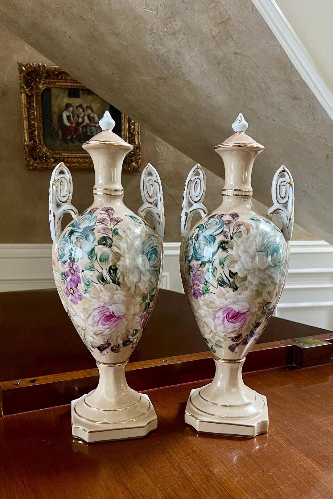 Large 19” Pair Hand Painted Porcelain Vases - Etsy