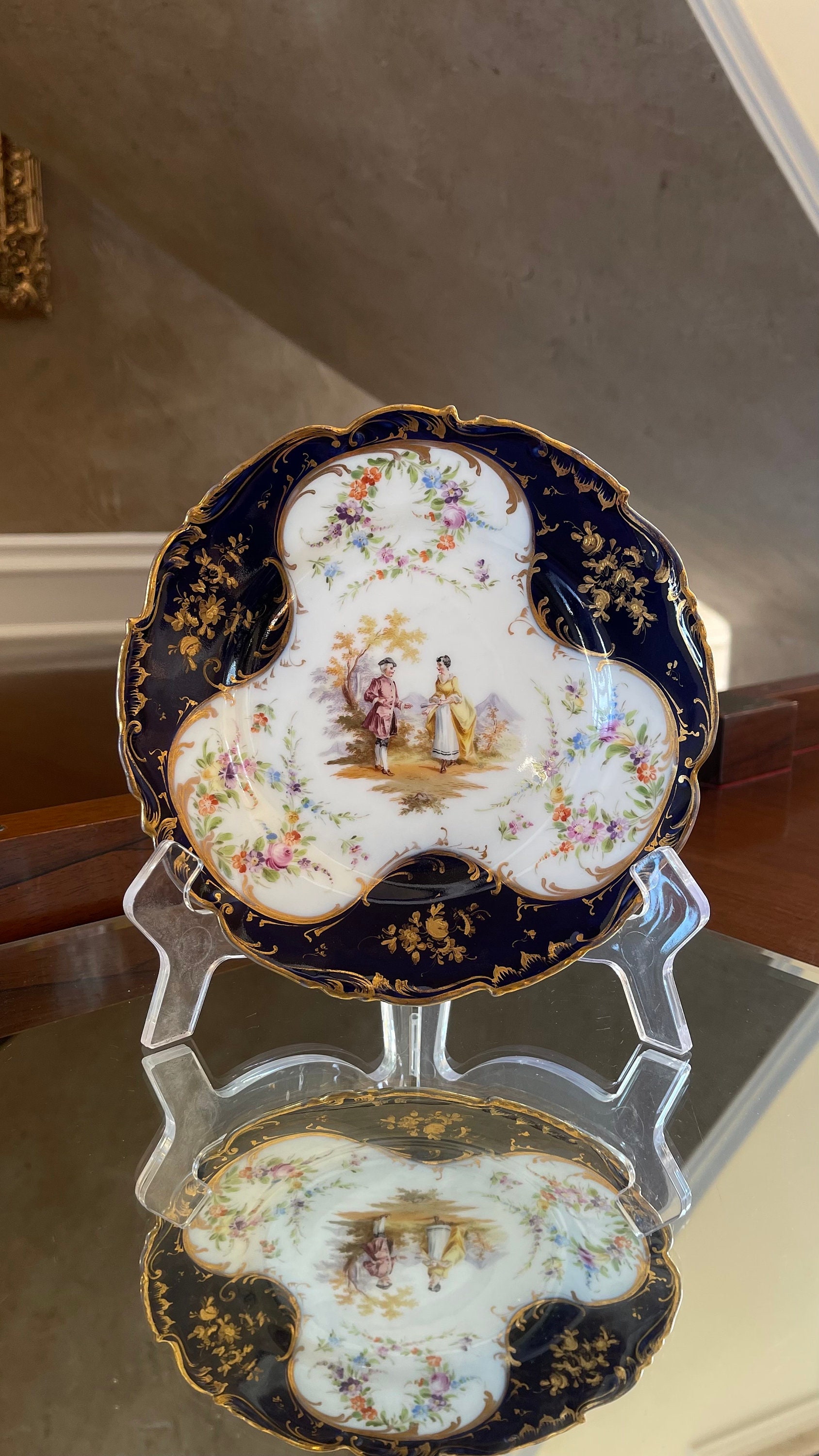 ドレスデン　Richard Klemm工房　大皿 Antique Richard Klemm Dresden Cobalt Blue Hand Painted Courting