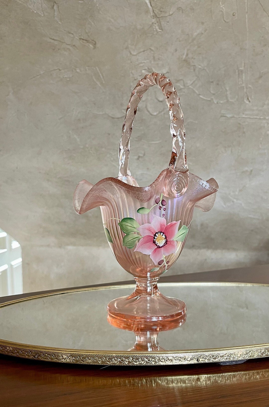 Lovely Fenton Pink Stretch Glass Hand Painted Basket; Fenton Glass