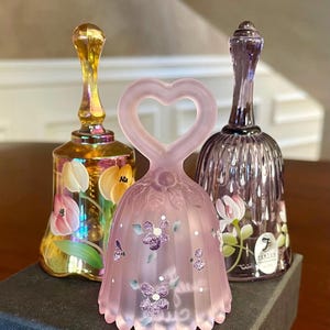 Set of 3 Fenton Glass Mini Bells with Hand Painted Flowers Signed; Fenton Glass Bell
