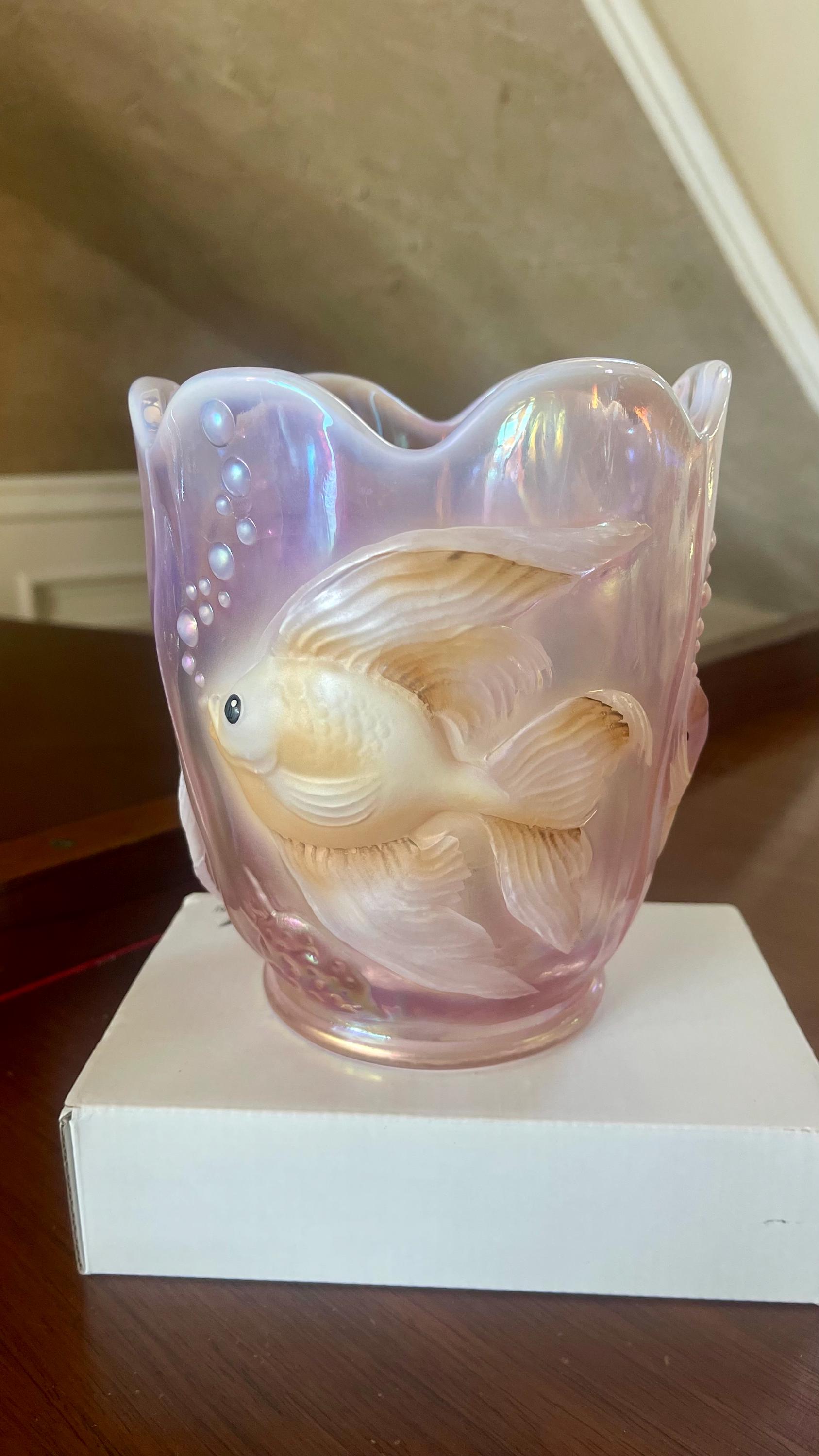 フェントンガラス アトランティス フィッシュ 花瓶 手描き; フェントン