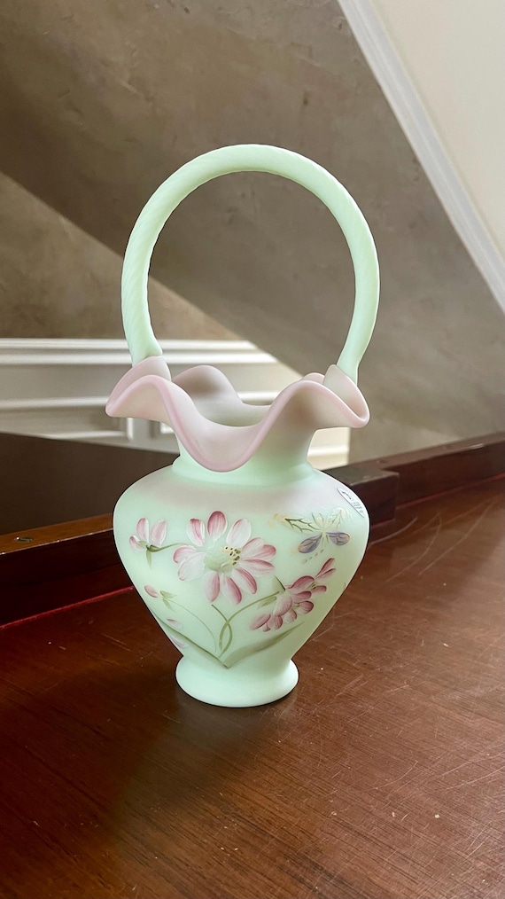 Fenton Lotus Mist Burmese Daisy Butterfly Hand Painted Basket