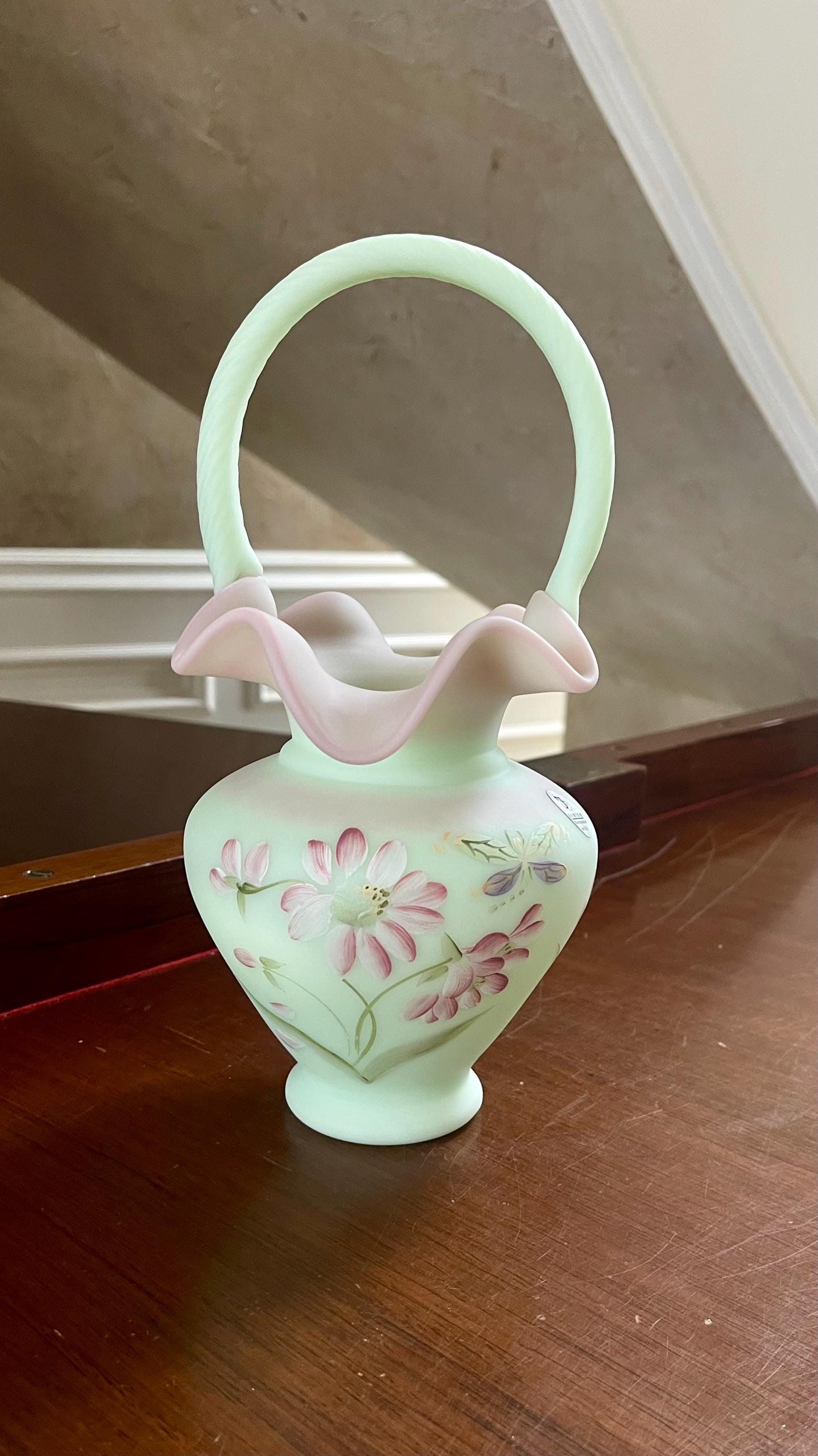Fenton Lotus Mist Burmese Daisy Butterfly Hand Painted Basket