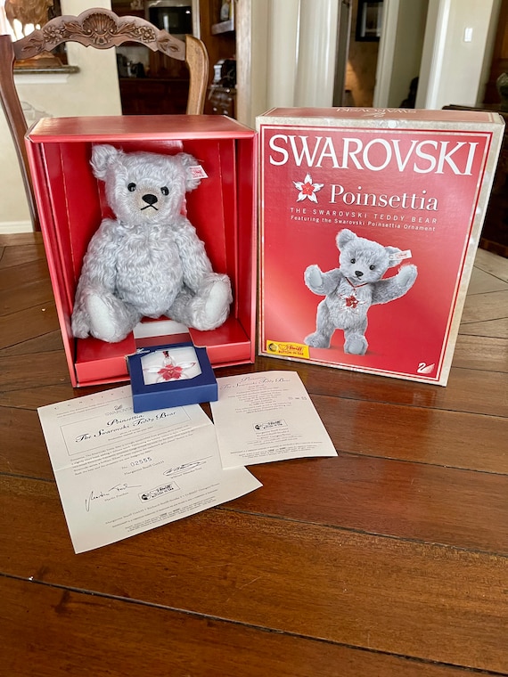 Steiff “poinsettia” 681103 Silver Mohair 10” Bear With Swarovski