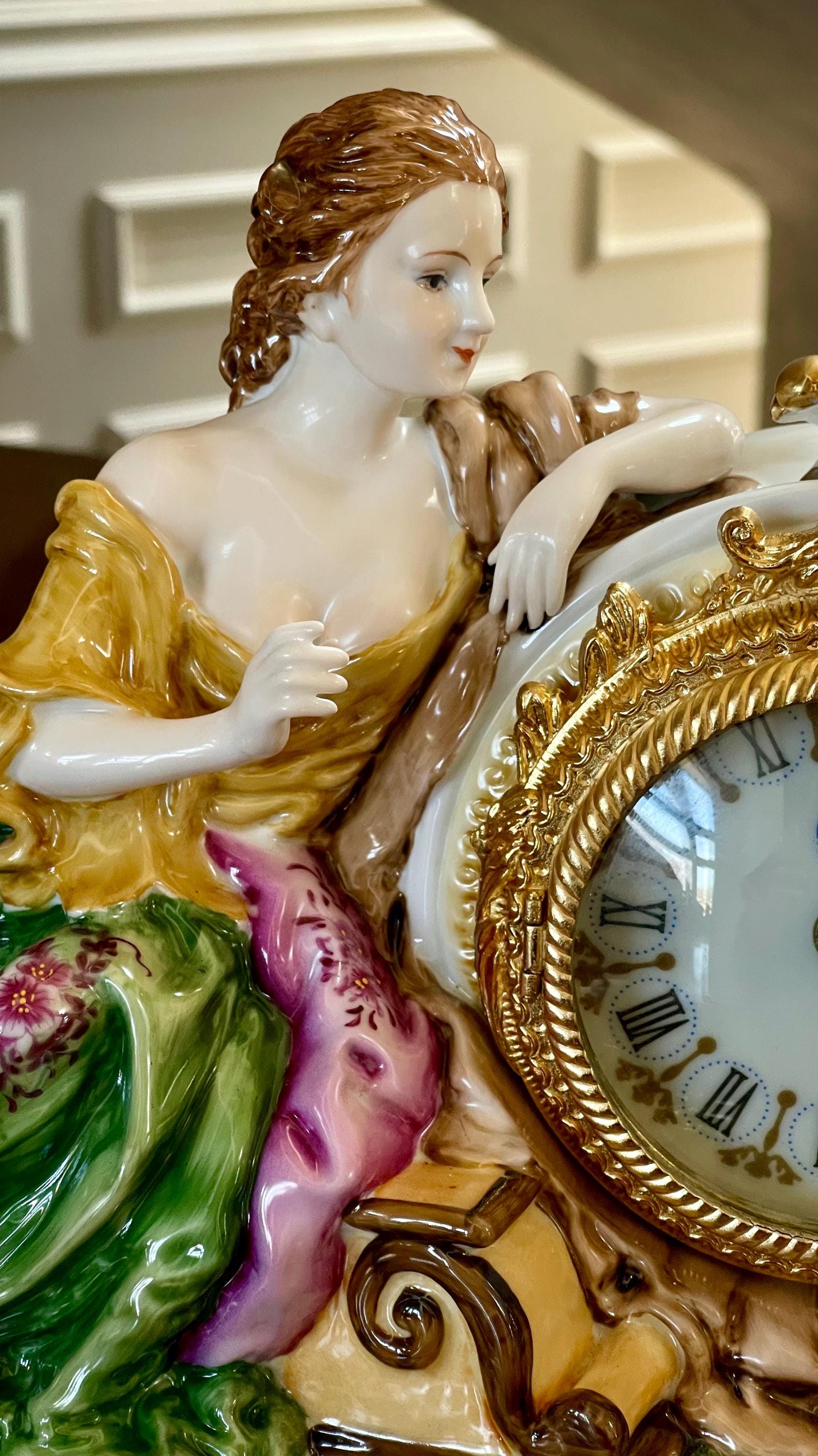 Large Dresden Style Hand Painted Porcelain Figurine Mantle Clock
