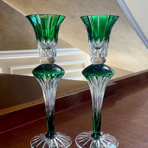 Pair Ajka Emerald Green Cut to Clear Hand Cut Lead Crystal Candleholders