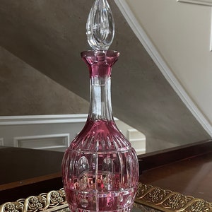 Hand Cut 14.5” Cranberry Lead Crystal Cut to Clear Decanter; Cranberry Lead Crystal Decanter