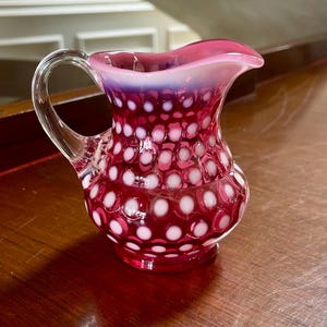 Vintage Fenton 4 1/4” Dot Optic Cranberry Opalescent Glass Pitcher; Fenton Hand Blown Glass Pitcher