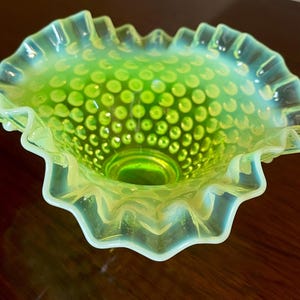Fenton Vaseline Glass Bowl; Fenton Uranium Glass Hobnail Bowl