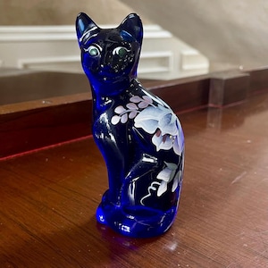 Fenton Cobalt Blue Glass Tall Hand Painted Cat; Paperweight; Vintage Fenton Glass Kitten