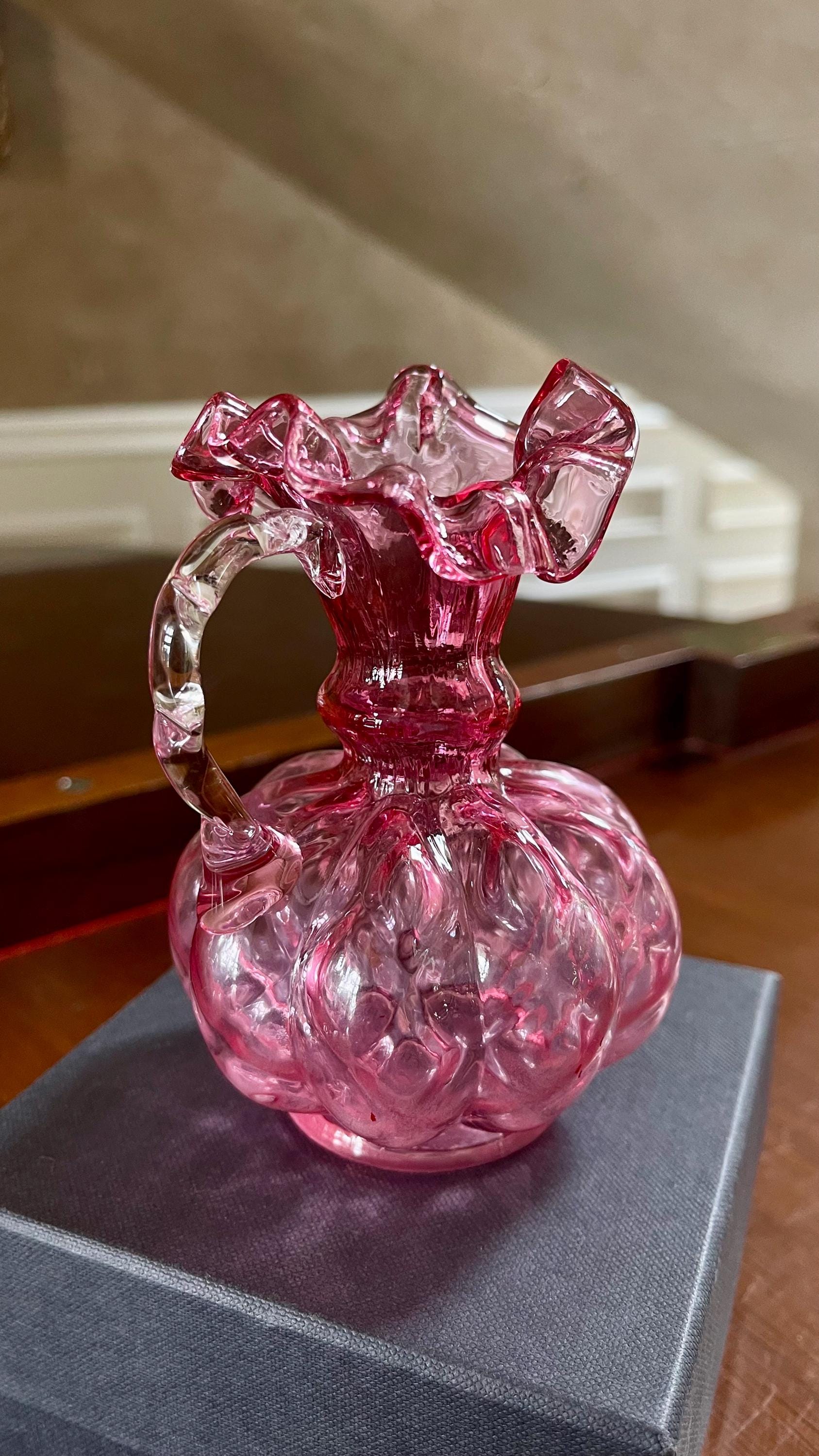 Fenton Mini 4 3/4” Melon Cranberry Glass Pitcher; Fenton Hand