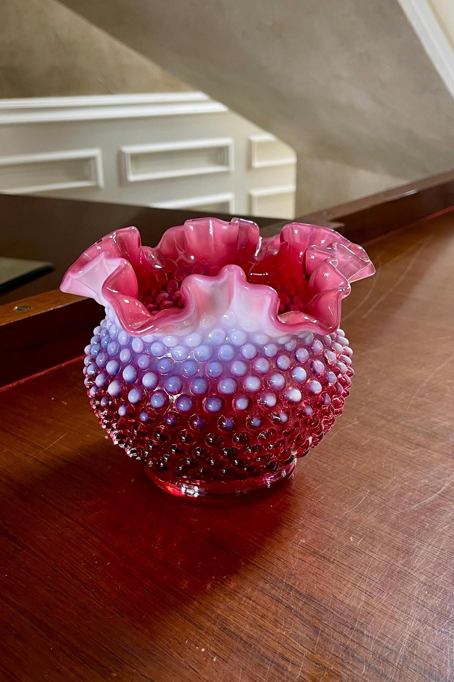 フェントン　ヴィンテージ 　ホブネイル　クランベリーガラス花瓶 ヴィンテージ フェントン オパールセント クランベリー ローズ ボウル