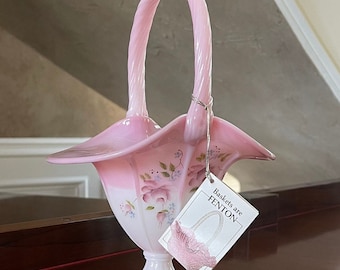 バスケット ヴィンテージ ピンクガラス フェントン リップルリム 装飾