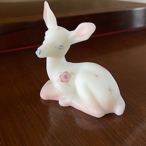 Fenton Satin Glass Hand Painted Berries and Blossoms Fawn Deer; Paperweight; Vintage Fenton Glass