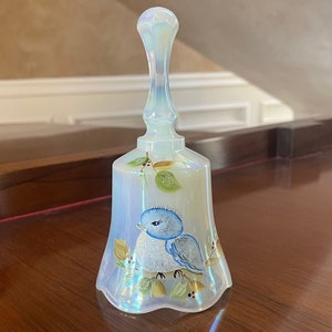 Fenton Glass French Opalescent Hand Painted Blue Bird Bell; Rare Fenton Glass Bell