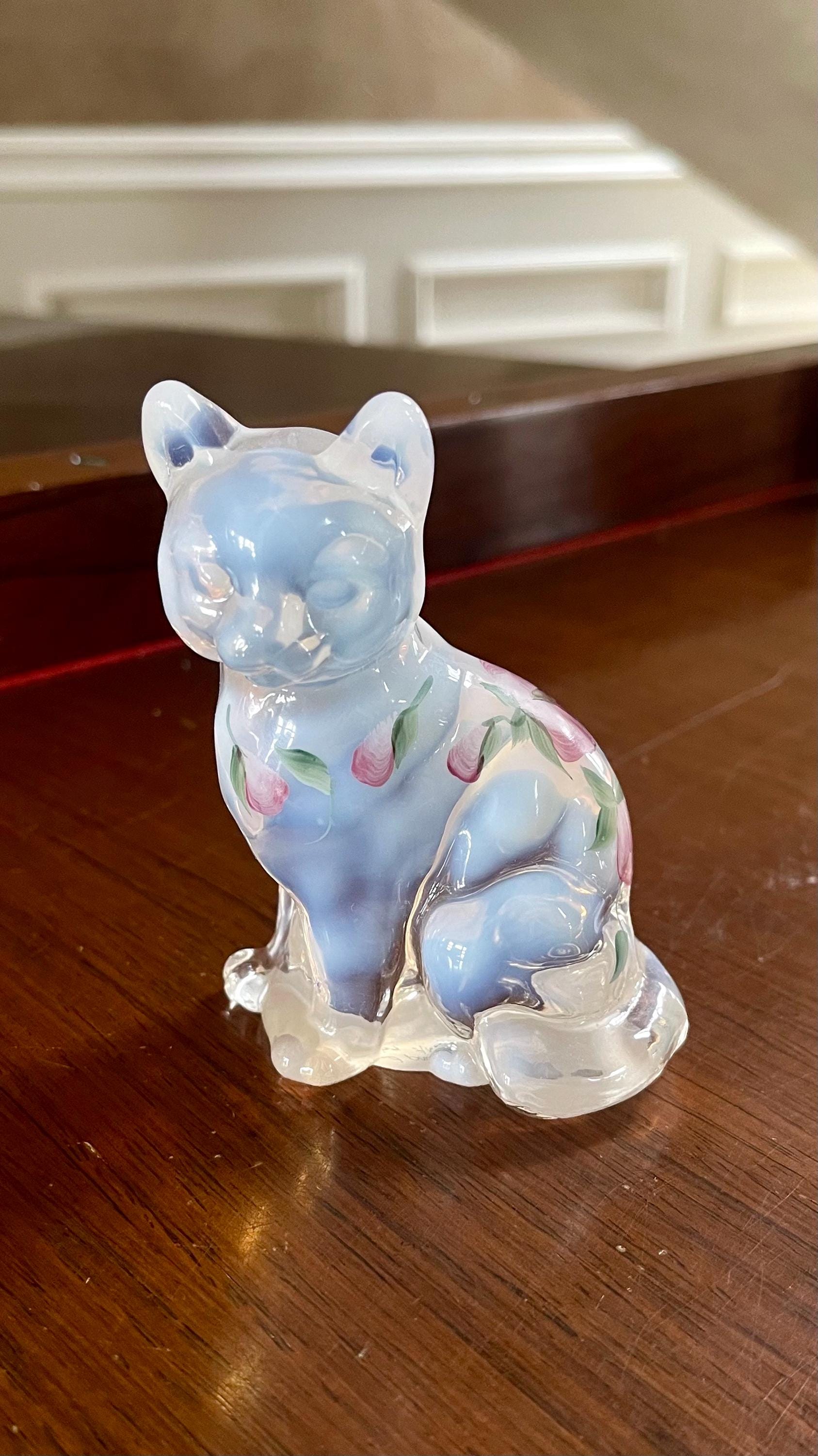 Fenton Glass Hand Painted Flowers French Opalescent Cat Figurine