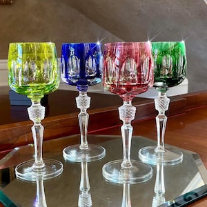 Set of 4 Natchmann Antika Hand Cut Crystal Color Cut to Clear Wine Hock Glasses
