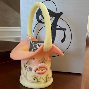 Outstanding Fenton Burmese Glass 2005 Platinum Collection Hand Painted Floral Filigree Hat Basket; Uranium Glass Fenton Hand Painted Basket