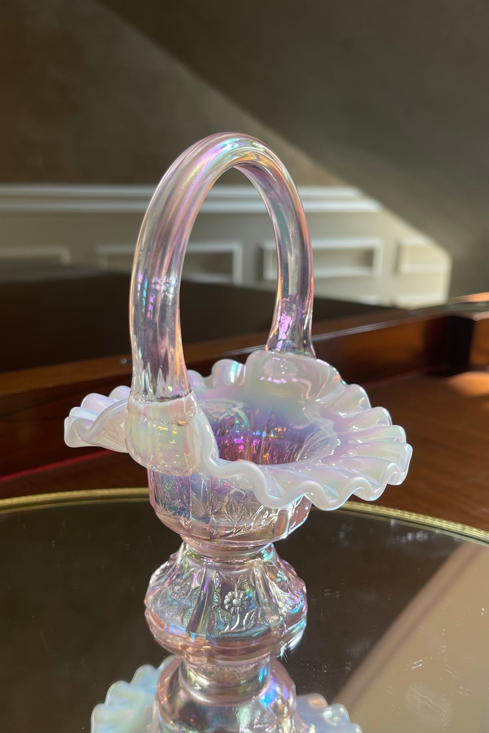Fenton Art Glass Pink Iridescent Miniature 5.5” Flower Basket - Etsy
