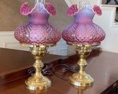 Rare Pair of Fenton Glass Cranberry Opalescent Hobnail Student Lamps Fenton Hobnail Lamp