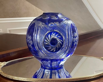 Large Cobalt Blue Cut to Clear Crystal Rose Bowl; Crystal Candleholder; Crystal Potpourri Bowl