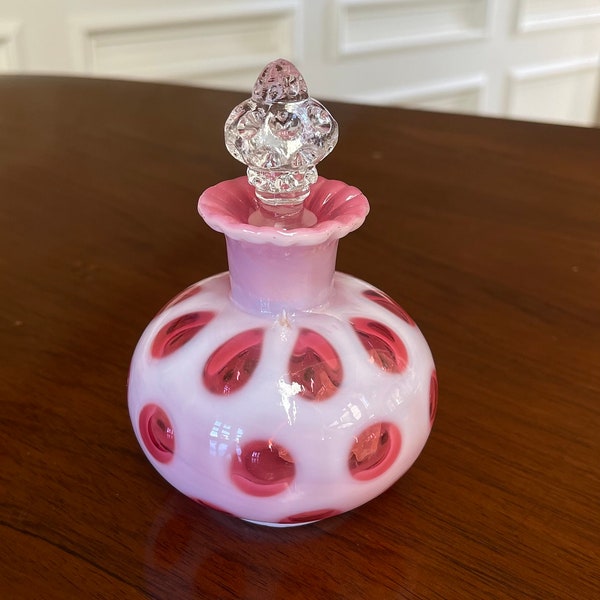 Fenton Opalescent Cranberry Coin Dot Optic Perfume Bottle; Vintage Cranberry Opalescent Fenton Defect