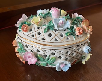 Dresden Style Porcelain Covered Trinket Box; Victorian Style Porcelain