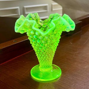 Fenton Uranium Glass Hobnail Vase; Fenton Vaseline Glass