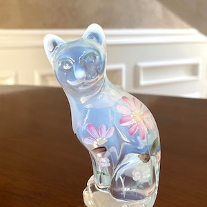 Fenton French Opalescent Glass Tall Hand Painted Cat; Paperweight; Vintage Fenton Glass Kitten