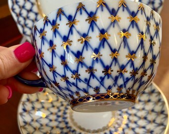 Russian Imperial Lomonosov Porcelain Cobalt Net Trio Cup and