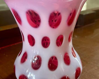 Fenton Glass Cranberry Opalescent Coin Dot Optic Ruffle Top Vase
