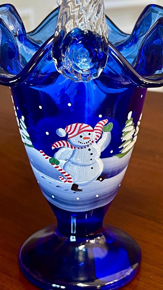 Fenton Glass Footed Hand Painted Jolly Snowman Cobalt Blue Basket