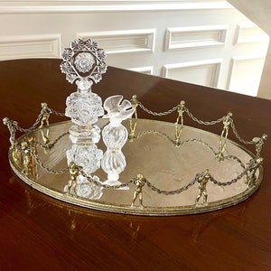 Fabulous Cherubs 17” Vanity Ornate Mirror Tray; Brass Cherubs Ormolu Perfume Bottle Mirrored Tray; Hollywood Regency