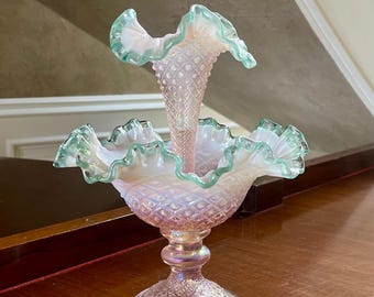Fenton Pink Opalescent Diamond Lace Epergne Signed by Bill Fenton; Fenton Art Glass Centerpiece