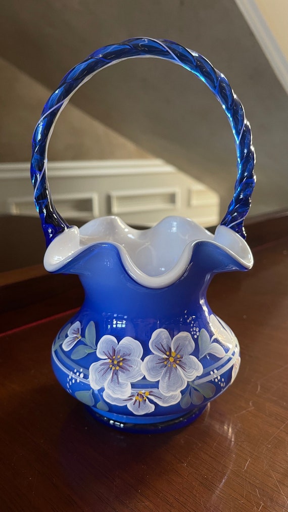Fenton Blue Cased Glass Hand Painted Basket Legacy Collection 95th