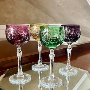Bohemian Set of 4 Hand Cut Color Cut to Clear Crystal Marsala Pattern Wine Glasses; Wine Hock