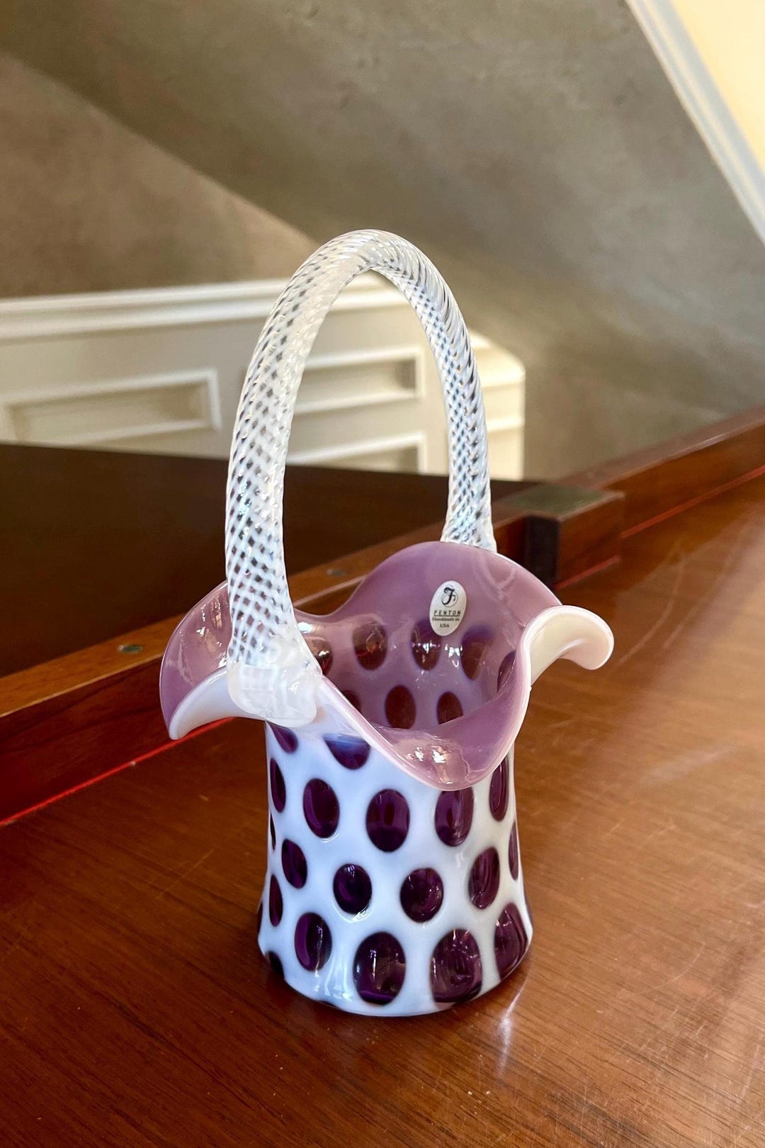 Fenton Glass Violet Purple Coin Dot Optic Opalescent Basket