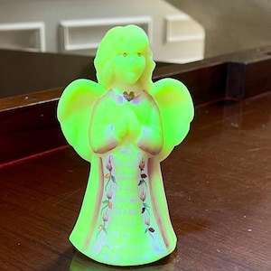 Fenton Uranium Burmese Glass Hand Painted Angel Figurine Glows