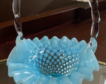 Vintage Fenton Glass Blue Opalescent Basket; Collectible Fenton