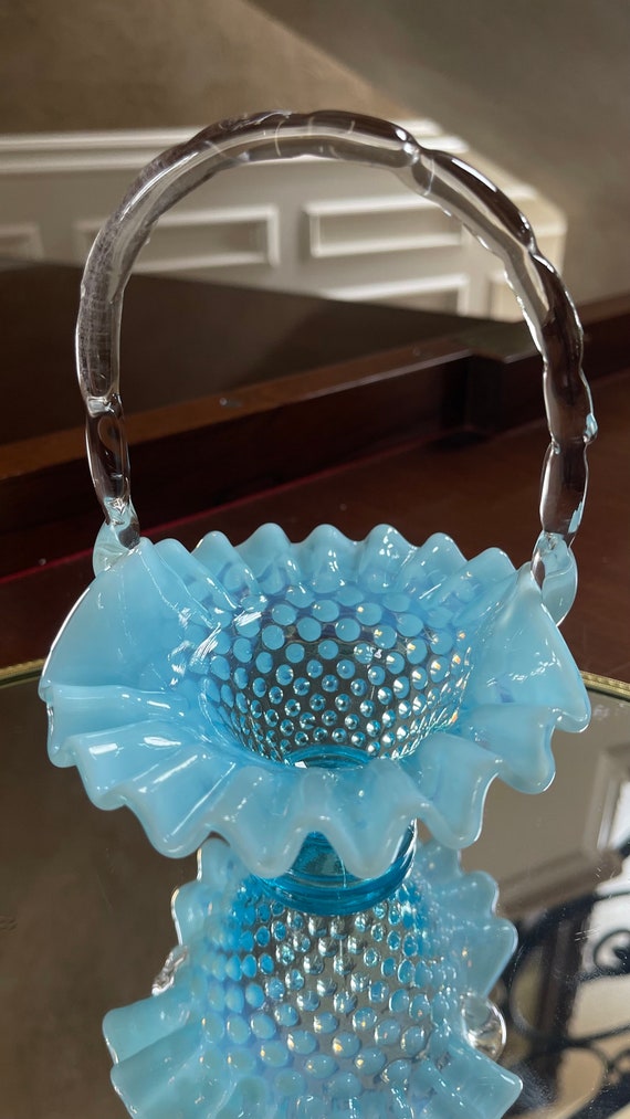 Vintage Fenton Glass Blue Opalescent Basket; Collectible Fenton