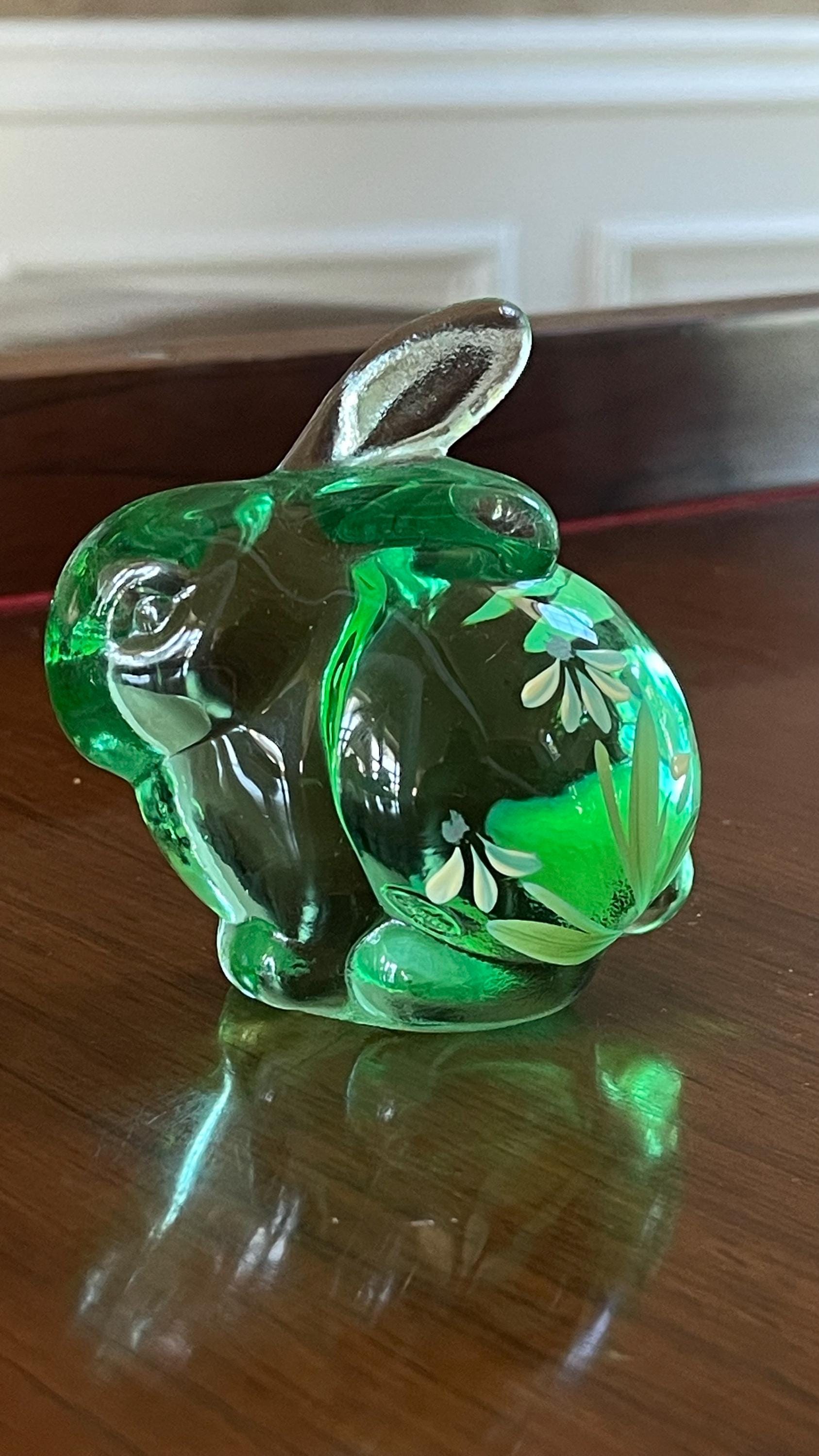 Fenton Glass Green Hand Painted Chubby Bunny Rabbit Figurine Paperweight; Vintage Fenton Glass Rabbit